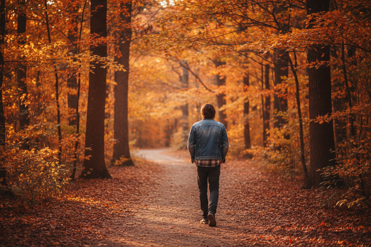Man wearing a denim jacket walking away from camera in autumn setting