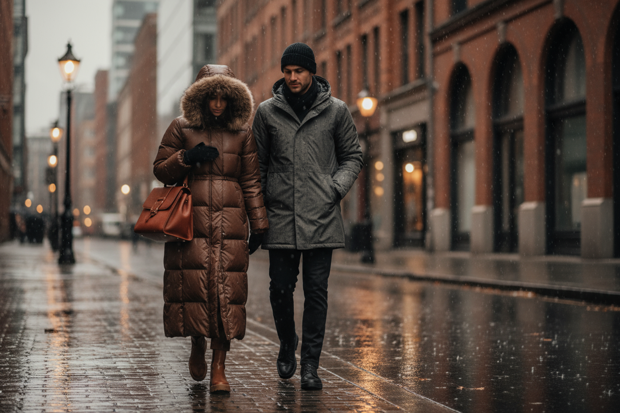 Woman wearing a puffer long coat brown and man wearing a winter jacket and the setting is them walking while slighty raining