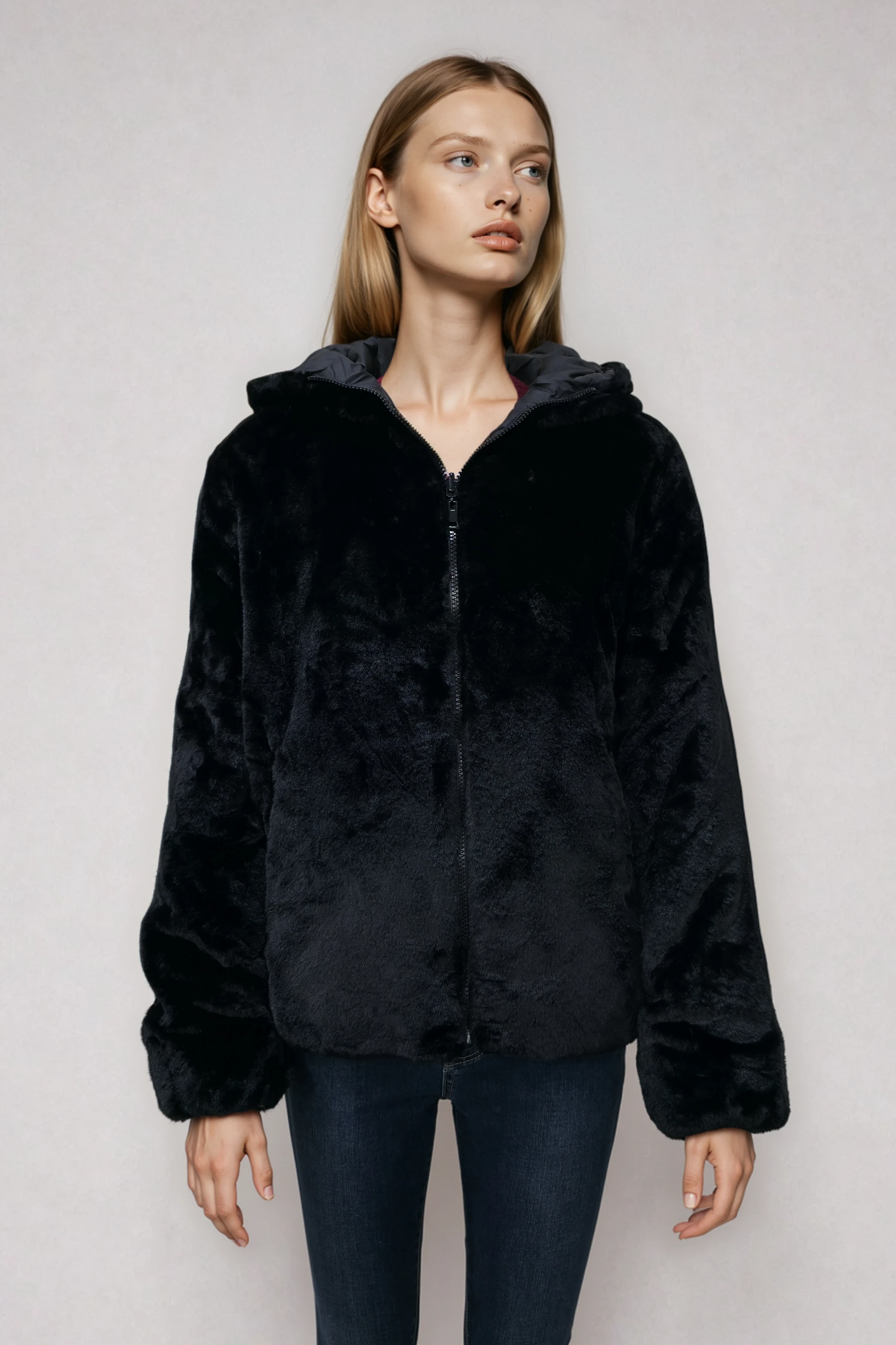 Γυναικείο Κοντό Μπουφάν Double Face με Γούνα (Faux Fur) & Κουκούλα