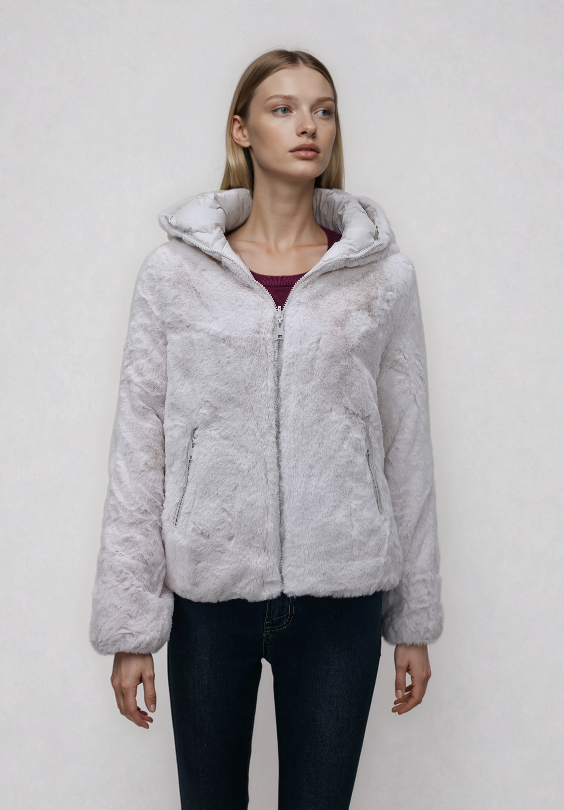 Γυναικείο Κοντό Μπουφάν Double Face με Γούνα (Faux Fur) & Κουκούλα